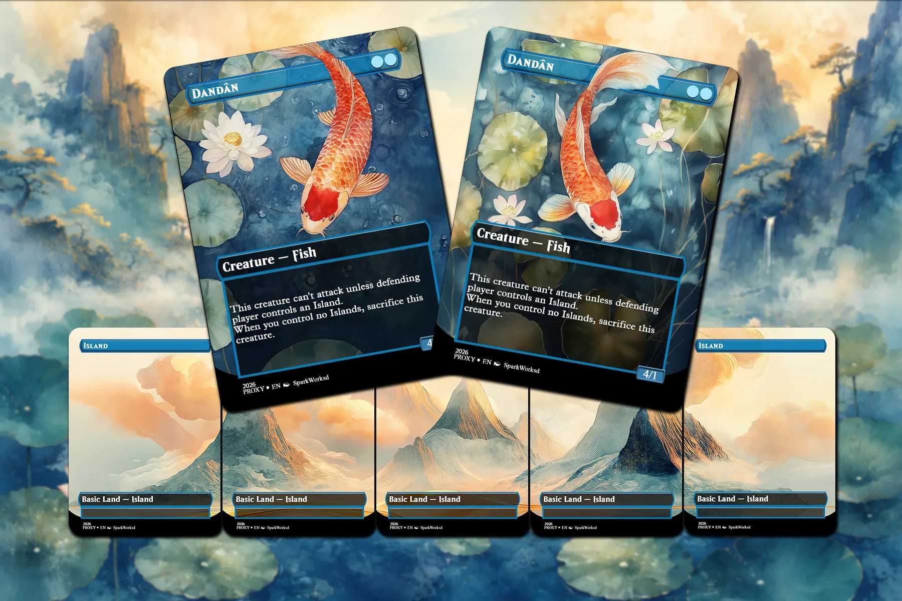 Dandan proxy Commander deck cards displayed with five matching Island cards on a soft fantasy landscape background.