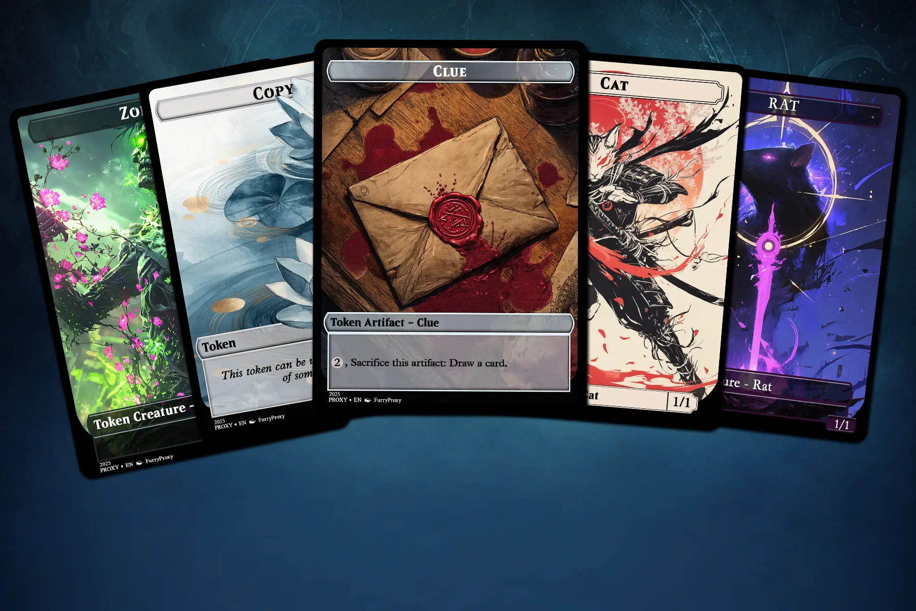 Proxy token cards for Commander and MTG decks, featuring clue, copy, cat, rat, and zombie token designs displayed on a dark fantasy background.