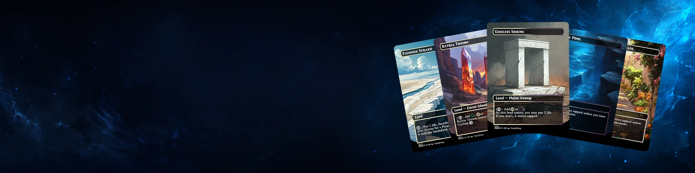Complete MTG proxy land bundle featuring full-art shock, dual, fetch, triome, and bond lands with five bonus cards.